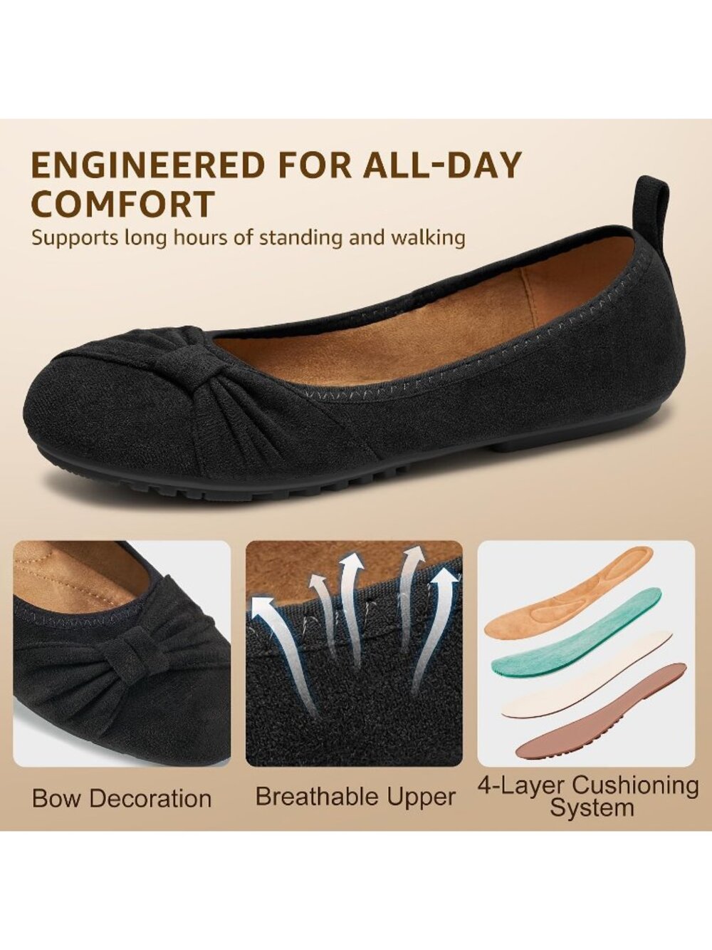 Women's Black Ballet Flats Cushioned Foldable Slip On Work Comfort Dressy Shoes - Picture 4 of 6